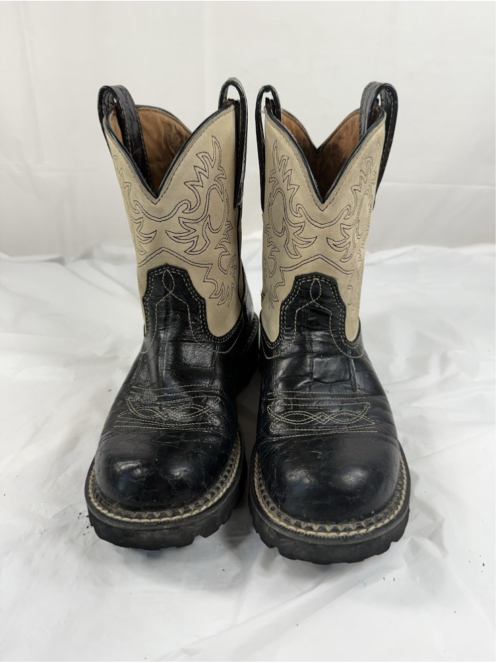 Ariat Fat Baby Cowboy Boots Womens 6.5B Black Beige Leather Western